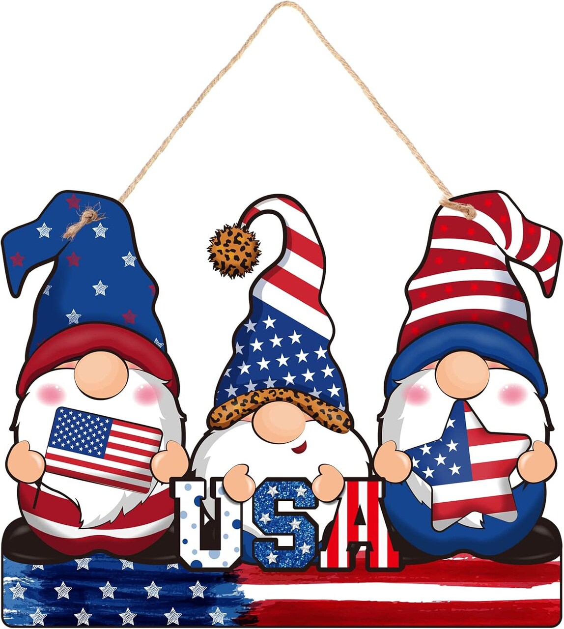 4th of July Wooden Decoration Patriotic Hanging Door Sign with Rope, American Flag Rustic Wooden Plaque for Independence Day Memorial Day Front Door Porch Wall Window Decor(Gnome Style)